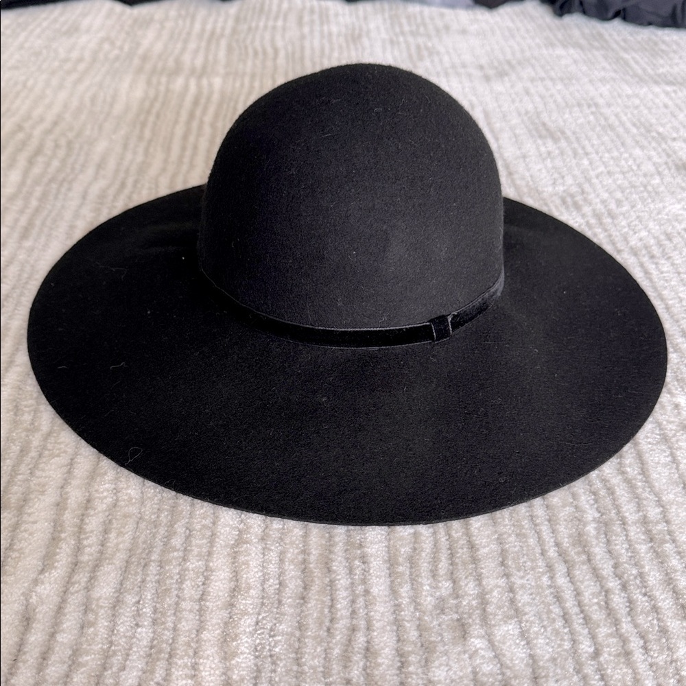 A New Day Adjustable Wool Felt Hat Black OS Wide Brim Floppy Cap Boho Casual